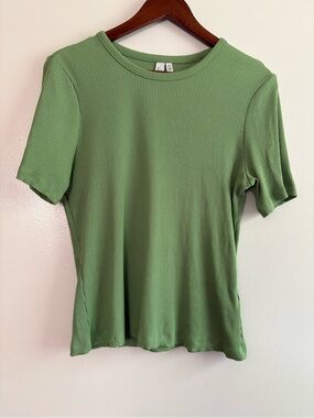 & Other Stories Green Ribbed Short Sleeve Slim-Fit Tee Size Large